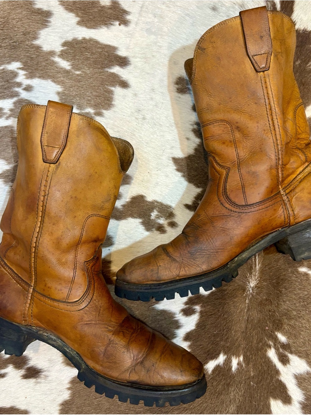 Vintage Brown Leather Cowboy Boots with Lug Sole